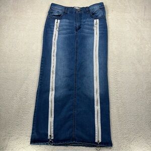Elegant Blue Denim Maxi Skirt with White Stripes